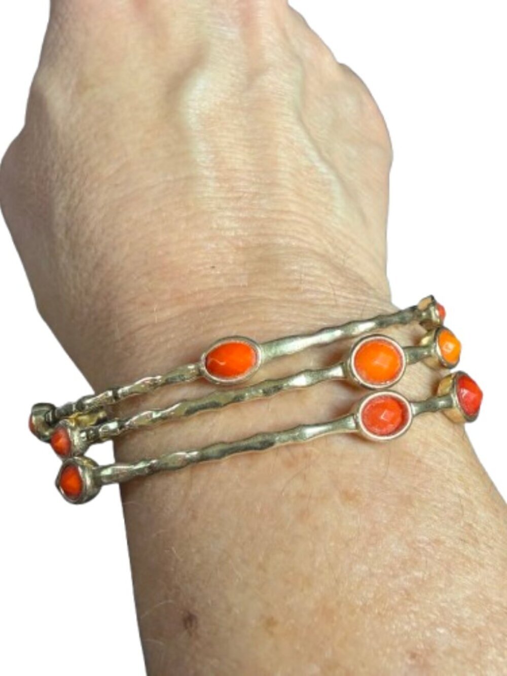 Gold Tone Bangle Bracelet Set Hammered finish & Carnelian Orange Pink Gemstones